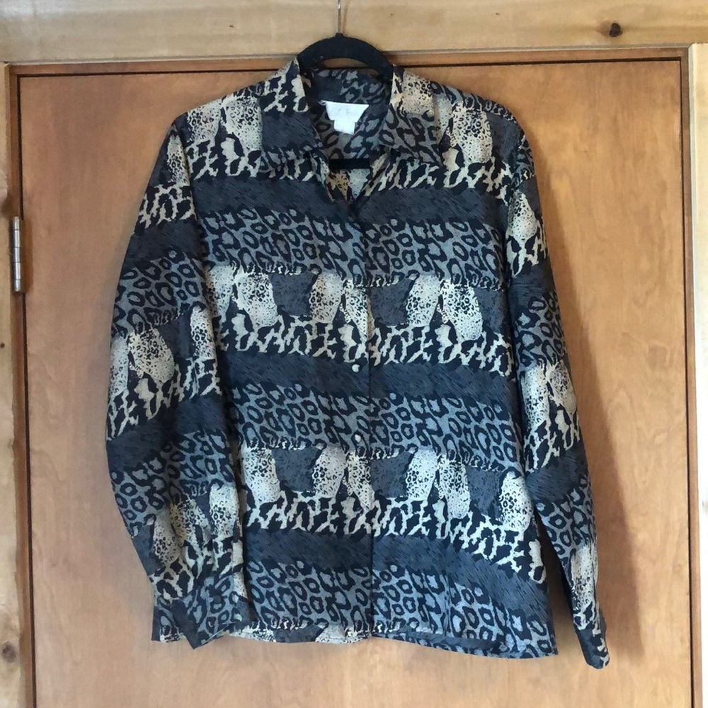 Vintage K Arnold silk button up top with mixed animal print